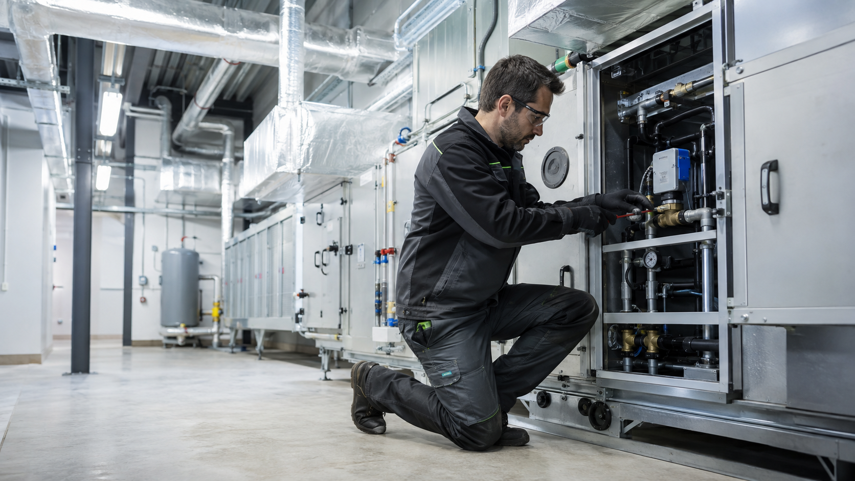 Instalador haciendo una instalación de un sistema de climatización industrial Instalador haciendo una instalación de un sistema de climatización industrial